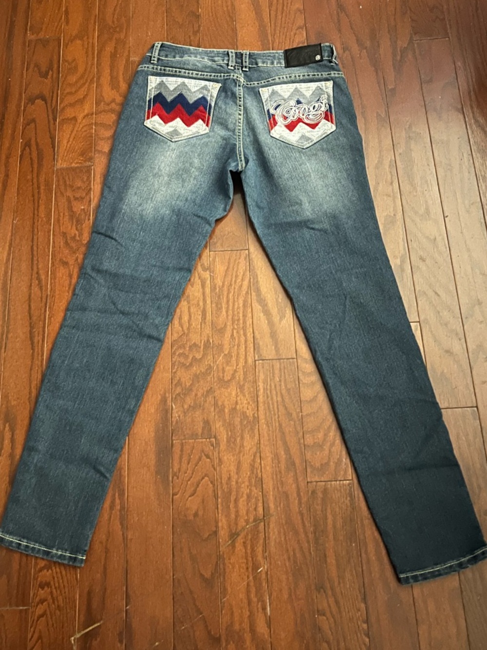 Men's Blue Denim Jeans with Red Chevron Back Pockets